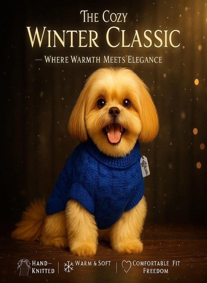 ويستيرن إرا سترة صوفية محبوكة يدويًا للكلاب من سلالة شيه تزو، بتصميم مستوحى من العصر الغربي | طقم ملابس شتوية دافئ وناعم للكلاب في الطقس البارد | سترة مريحة قابلة للتمدد بياقة عالية | ملابس شتوية مريحة للحيوانات الأليفة | أنيقة (أزرق) - Image 2